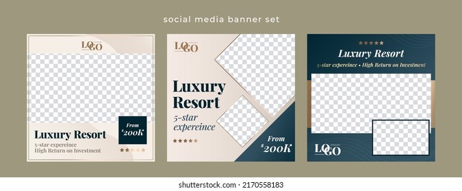 Luxury And Professional Social Media Square Banner Set Template In Blue And Rose Gold For Online And Offline Marketing Promotion Of Corporate Campaign And Event