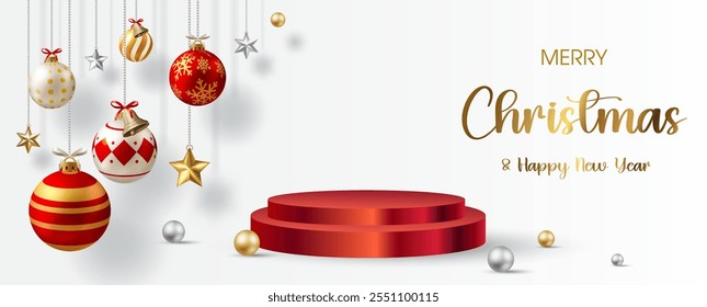 Luxury promotional posters for product discounts with product stage of Christmas celebration with Christmas balls decorated hanging in 3d style on white background. All in vector design.