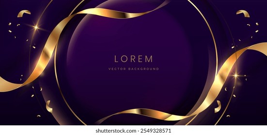 Fundo roxo de luxo. Banner de confete dourado e fundo da fita. Celebração grande abertura festa conceito feliz. Ilustração vetorial