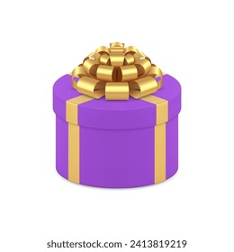 Luxury purple circle gift box with golden bow ribbon holiday present 3d icon realistic vector illustration. Premium round violet package for surprise storage carrying birthday anniversary celebrate