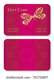 Luxury purple gift card with dragonfly ornament. Front side with golden embossed relief; back side with circle ornament decoration