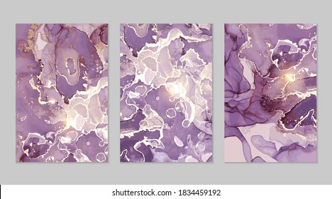 Luxury purple and gold marble abstract backgrounds in alcohol ink technique. Set of vector stone textures. Modern paint with glitter. Template for banner, poster design. Fluid art painting