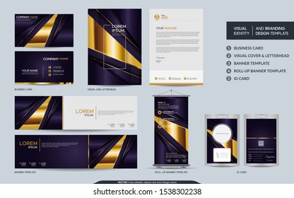 Luxury purple gold stationery mock up set and visual brand identity with abstract overlap layers background . Vector illustration mock up for branding, cover, card, product, event, banner, website. 
