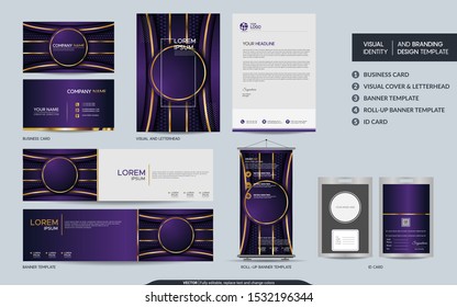 Luxury purple stationery mock up set and visual brand identity with abstract overlap layers background . Vector illustration mock up for branding, cover, card, product, event, banner, website. 