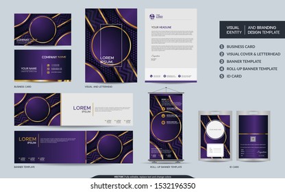 Luxury purple stationery mock up set and visual brand identity with abstract overlap layers background . Vector illustration mock up for branding, cover, card, product, event, banner, website. 