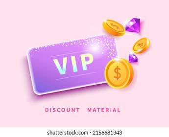 Luxury purple VIP membership card with gems and golden coins, entry ticket template