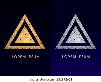 Luxury Pyramid, Triangle, designed using gold and silver line geometric shape on dark background, idea from wicker, basket, woven, ribbons, jewelry, diamond ,rope, logo, symbol, icon, graphic, vector.