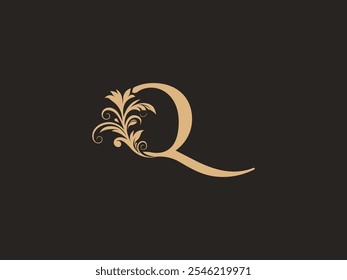 Luxury Q letter logo with floral ornate design. Vintage swirl, graceful calligraphic letter identity for premium brand. Filigree, intricate rococo, flowery engraving Q signs. Aesthetic elegance.