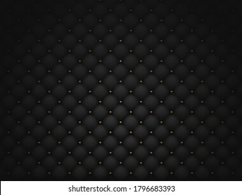 Luxury quilted background. Upholstery or matte black leather texture for sofa with golden nails for antique furniture decoration. Expensive material or royal fabric vector illustration
