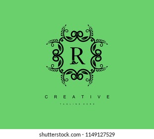 Luxury R Letter Graceful Ornament Floral Monogram Logo