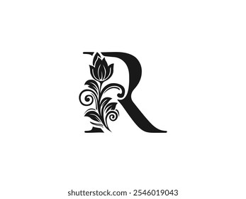 Logotipo de letra R dibujado a mano de lujo. Elegante logotipo floral y adornado R. Diseño caligráfico personalizado. Antiguas y Diseño Sofisticado. Atemporal, estilo real, refinado y con clase. Arte de logotipo personalizado hecho a mano.