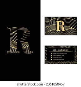 Luxury R vector logotype with business card template. 
Premium letter R logo with golden wave line style. 
Elegant corporate identity.