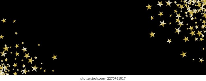 Luxury Rain Vector Black Panoramic Background. Celebrate Magic Sparkle Illustration. Starry Vector Black Panoramic Background Border. Golden Festive Dust Design.