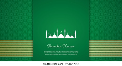 Luxuriöser marokkanischer Hintergrund mit grünem arabischen Muster arabischen islamischen Ost-Stil. Dekoratives Design mit Moschee und goldener Linienstruktur für Poster, Deckel, Broschüre, Flyer, Banner, Grußkarte