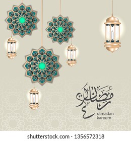 luxury ramadan greeting card design template with golden crescent moon and gold lantern