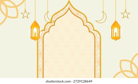 Anuncio Horizontal de lujo de Ramadán con arco islámico dorado, patrones florales, linternas colgantes y estrellas sobre un fondo crema limpio.