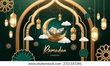 Luxury Ramadan Kareem Background with Open Quran, Crescent Moon and Golden Lanterns – Islamic 3D Illustration