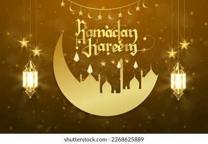 luxury ramadan kareem banner illustration with shiny islamic ornament and abstract gradient brown and golden background design