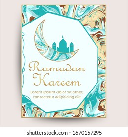 Luxury ramadan kareem card with gold and metallic marble texture and geometric pattern vector  design template.