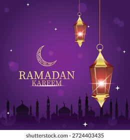 Luxury Ramadan Kareem and Eid Mubarak background featuring glittering golden lanterns and crescent moon in a dark and elegant night sky. Suitable for luxury brand marketing, social media 