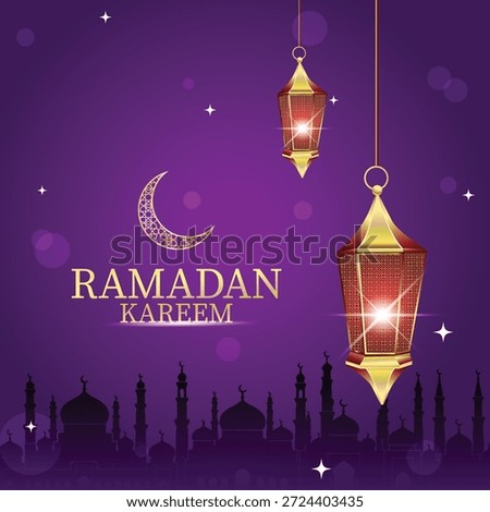 Luxury Ramadan Kareem and Eid Mubarak background featuring glittering golden lanterns and crescent moon in a dark and elegant night sky. Suitable for luxury brand marketing, social media 
