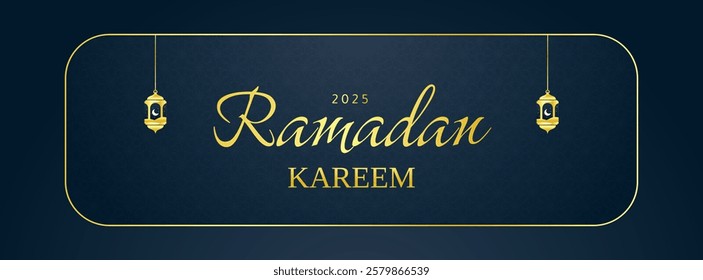 Luxury ramadan kareem islamic banner design with gold frame and arabic lantern. dark blue gradient