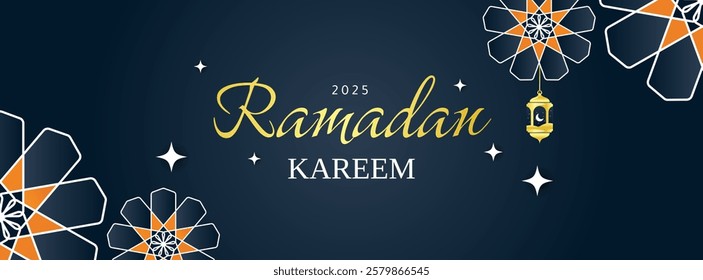 Luxury ramadan kareem islamic banner design with gold frame and arabic lantern. dark blue gradient