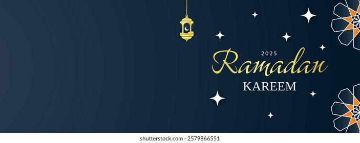 Luxury ramadan kareem islamic banner design with gold frame and arabic lantern. dark blue gradient