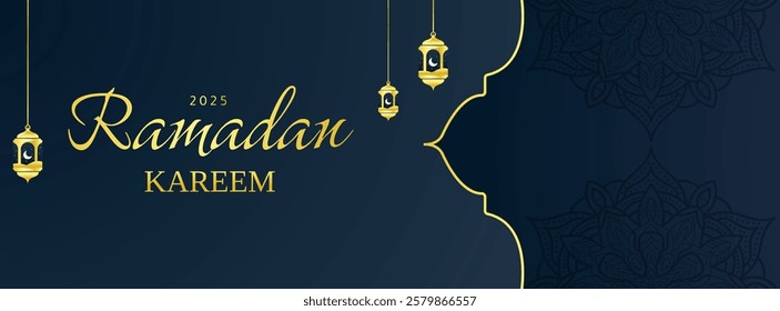 Luxury ramadan kareem islamic banner design with gold frame and arabic lantern. dark blue gradient