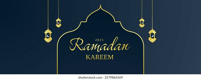 Luxury ramadan kareem islamic banner design with gold frame and arabic lantern. dark blue gradient