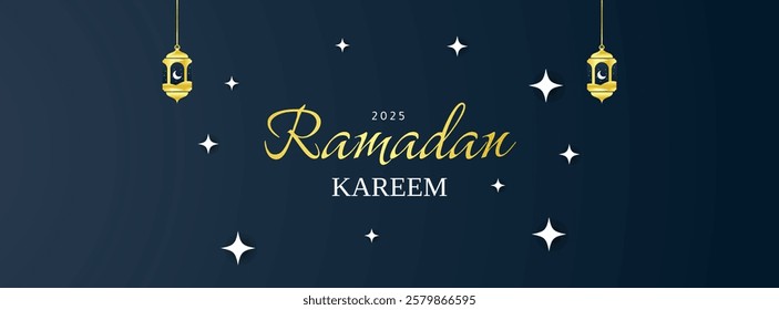 Luxury ramadan kareem islamic banner design with gold frame and arabic lantern. dark blue gradient