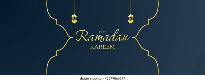 Luxury ramadan kareem islamic banner design with gold frame and arabic lantern. dark blue gradient