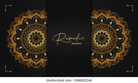 Luxury Ramadan Kareem mandala background with gold and black ornamental. Decorative mandala for print, cover, brochure, flyer, poster, banner
