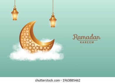 Luxury Ramadan Kareem With Realistic Clouds, 3d Golden Lantern And Crescent Moon Decorations. Islamic Background Suitable For Ramadan, Eid Al Adha, Eid Al Fitr.