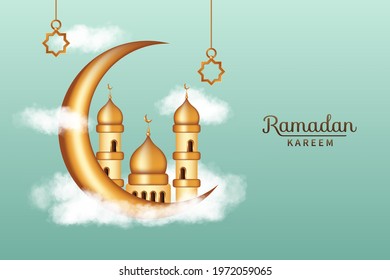 Luxury Ramadan kareem with realistic clouds, 3d golden mosque and crescent moon decorations. Islamic background suitable for Ramadan, Eid al Adha, Eid al Fitr.