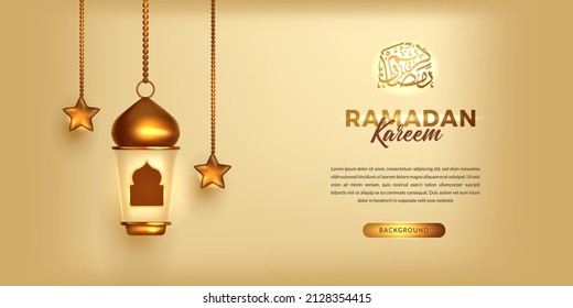 luxury ramadan mubarak kareem banner with 3d golden fanoos fanous arabic lantern decoration with calligraphy ( text translation = blessed ramadan )