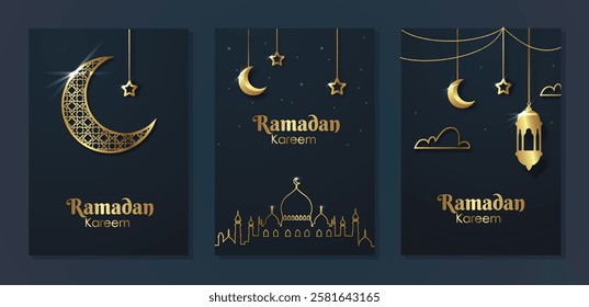 Luxury Ramadan posters set. Arabic traditions and oriental culture. Holy month Ramadan kareem. Religion, faith and belief. Realistic vector collection isolated on blue background