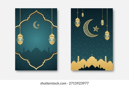 Conjunto de pósters de lujo de Ramadán. Tradiciones árabes y cultura oriental. Mes sagrado Ramadán kareem. Religión, fe y creencia. Colección de Vector realista aislada sobre fondo azul