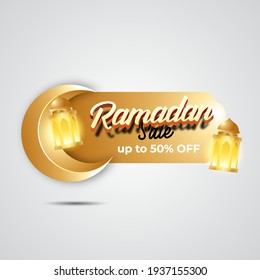 Luxury Ramadan sale banner with moon and islamic lantern. discount and Special offer ramadan sale tag. label and sticker for ramadan kareem and Eid Mubarak vector illustration