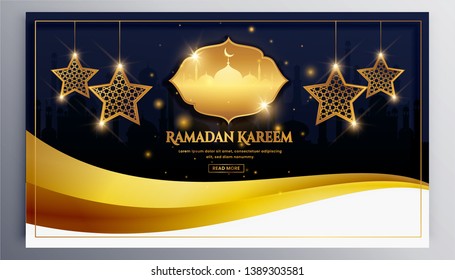 Luxury Ramadan vector background. With the luxurygold Arabic Ramadan Kareem ornament. Creative design greeting card, website header and banner, poster. Traditional Islamic holy holiday