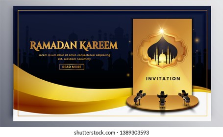 Luxury Ramadan vector background. With the luxurygold Arabic Ramadan Kareem ornament. Creative design greeting card, website header and banner, poster. Traditional Islamic holy holiday