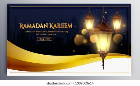 Luxury Ramadan vector background. With the luxurygold Arabic Ramadan Kareem ornament. Creative design greeting card, website header and banner, poster. Traditional Islamic holy holiday