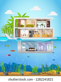 Luxury Real Estate Property Flat Vector. Futuristic Three-Storey Villa, Cottage on Tropical Coast or Island with Underwater Room, Submerged in Water Level and Sea Bed View Behind Window Illustration