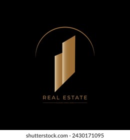 luxury real state logo,real estate logo,   building logo, black and gold real estate logo with a building.