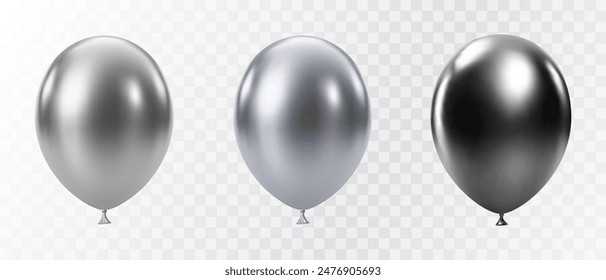 Globos realistas de lujo. Globos de helio 3D brillantes negros y plateados aislados sobre fondo blanco. Fiesta de Navidad, decoración de cumpleaños. Elemento de diseño de celebración. Ilustración vectorial EPS10.