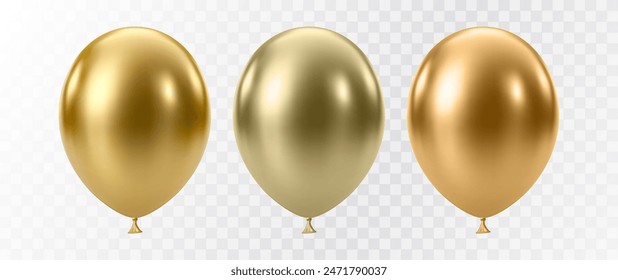 Luxury realistic balloons. 3D gold glossy helium balloons isolated on white background. Christmas party, birthday and anniversary decoration. Celebration design element. Vector illustration EPS10.