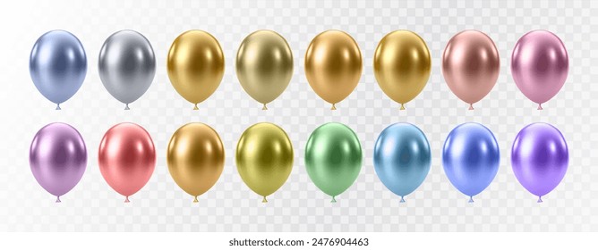 Luxury realistic balloons set. 3D glossy helium balloons isolated on white background. Christmas party, birthday and anniversary decoration. Celebration design element. Vector illustration EPS10.