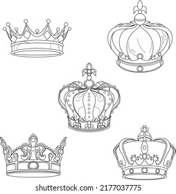 Luxury realistic black and white crown. Crown headdress for king and queen. Monarch jewels, coronation, line art vector, illustration isolated on white background, hand drawn icons set