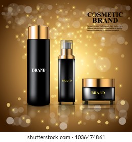 Luxury realistic cosmetic ads template with moisturizing spray black glass bottles and cream jar with golden caps on shining background.  Vector 3d illustration for design, presentation, banners.