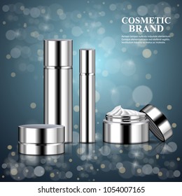 Luxury realistic cosmetic ads template with moisturizing metallic bottles and cream jars on shining background.  Vector 3d illustration for design, presentation, banners.
